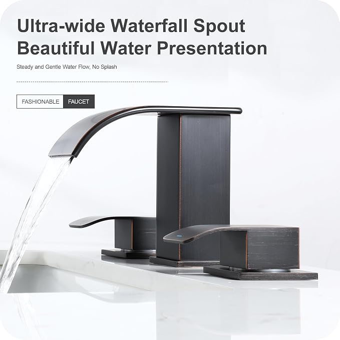 8 Inch Waterfall Bathroom Faucets 3 Hole - Oil Rubbed Bronze Widespread Bathroom Faucet with Pop-up Drain, Two Handles Bathroom Sink Faucet, Modern Vanity Sink faucets with Supply Lines