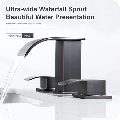 8 Inch Waterfall Bathroom Faucets 3 Hole - Oil Rubbed Bronze Widespread Bathroom Faucet with Pop-up Drain, Two Handles Bathroom Sink Faucet, Modern Vanity Sink faucets with Supply Lines