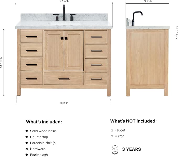 Beckford 48-Inch Oak Bathroom Vanity with Sink, 1.5-Inch Carrara White Marble Countertop & 4" Backsplash, 2 Soft Closing Doors, 9 Dovetail Drawers, Matte Black Hardware