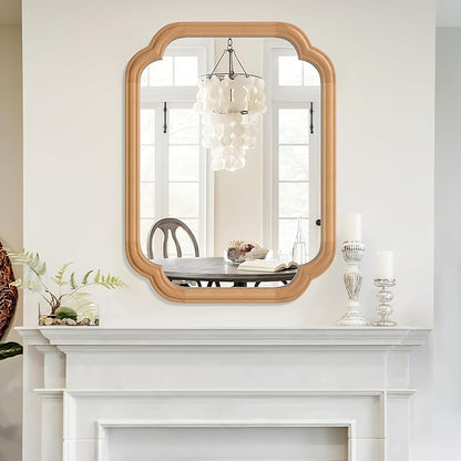 Natural Wood Framed Mirror,18X24 Inch Bathroom Mirror for Over Sink Modern Rounded Corner Rectangle Wall Mounted Mirror (Horizontal/Vertical)