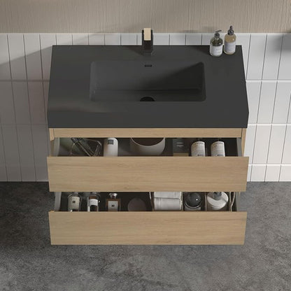 36" Floating Bathroom Vanity with Black Sink, Modern Bathroom Cabinet with Top and Soft Close Drawers, Spacious Storage for Small Space, Natural Oak - Lavanda Collection