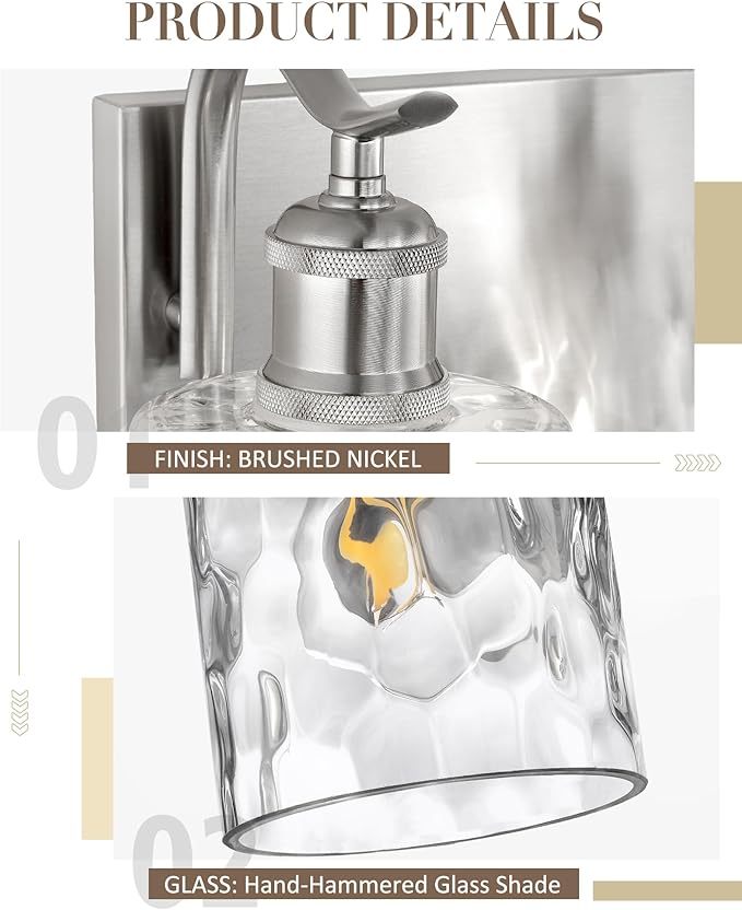 Bathroom Vanity Light Fixtures Over Mirror 5-Light Hammered Glass Wall Mounted Modern Brushed Nickel - VL01BNH-5