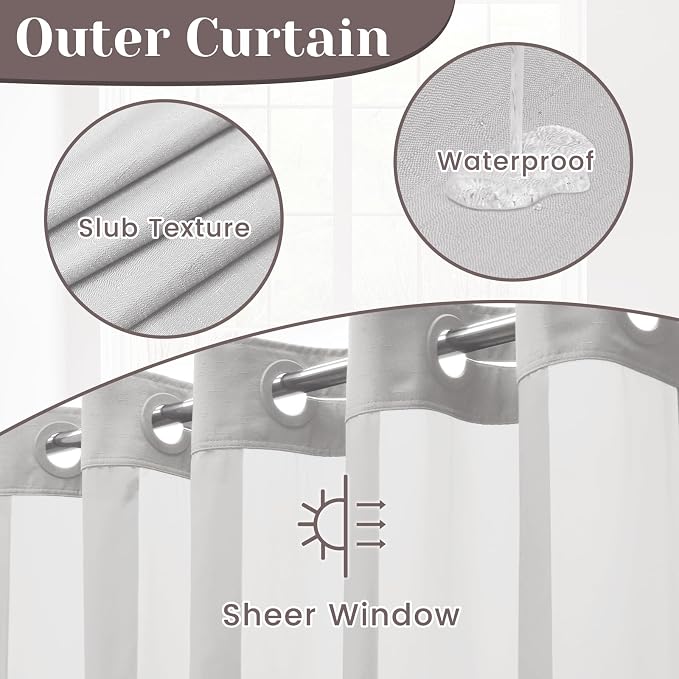 SORTTO No Hook Slub Shower Curtain with Liner, 71x80, Light Grey | Snap in Liner, 3 in 1, Bamboo Texture, Hotel Style, Waterproof Fabric, Mesh Top Window, Corner Magnets, Machine Washable