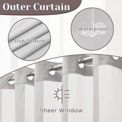 SORTTO No Hook Slub Shower Curtain with Liner, 71x77, Light Grey | Snap in Liner, 3 in 1, Bamboo Texture, Hotel Style, Waterproof Fabric, Mesh Top Window, Corner Magnets, Machine Washable