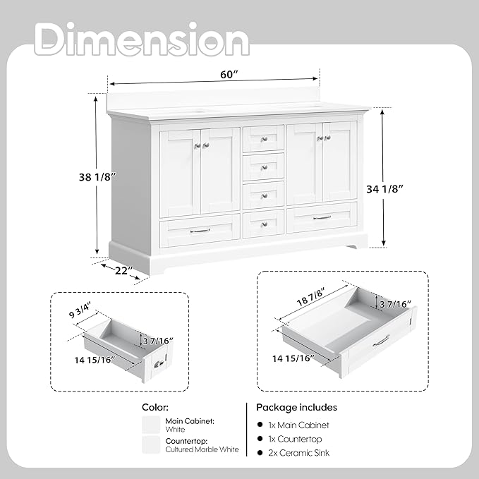 WELLFOR 60" Bathroom Vanity with Double Sinks, Bathroom Freestanding Vanity W/4 Soft-Close Doors and 6 Drawers, Large Storage Space Vanity, Engineered Stone Countertop Bathroom Vanity with Sink, White