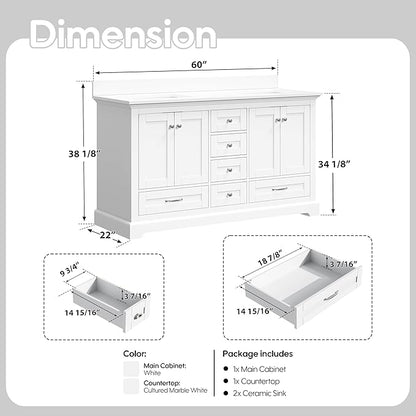 WELLFOR 60" Bathroom Vanity with Double Sinks, Bathroom Freestanding Vanity W/4 Soft-Close Doors and 6 Drawers, Large Storage Space Vanity, Engineered Stone Countertop Bathroom Vanity with Sink, White
