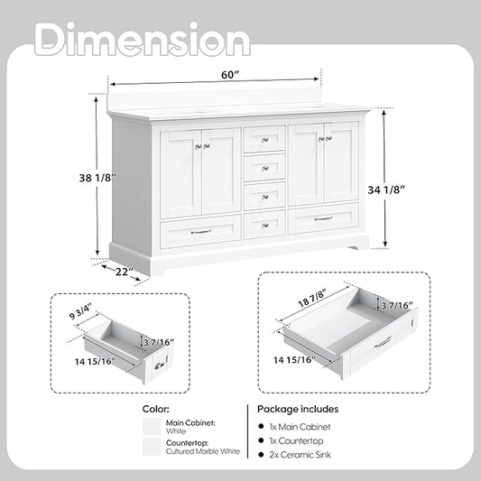 WELLFOR 60" Bathroom Vanity with Double Sinks, Bathroom Freestanding Vanity W/4 Soft-Close Doors and 6 Drawers, Large Storage Space Vanity, Engineered Stone Countertop Bathroom Vanity with Sink, White