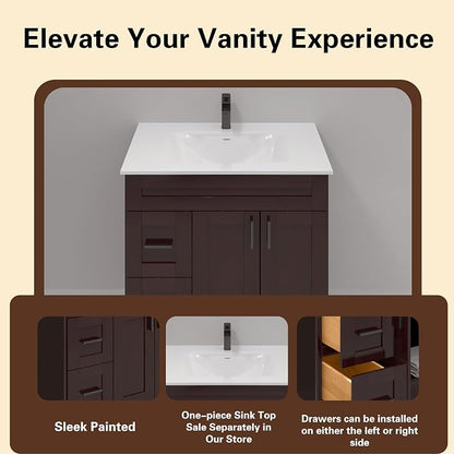 36" Espresso Shaker Bathroom Vanity Base – Ready-to-Assemble Sink Cabinet with Drawers, Freestanding Bathroom Vanity Base Only, No Top or Sink