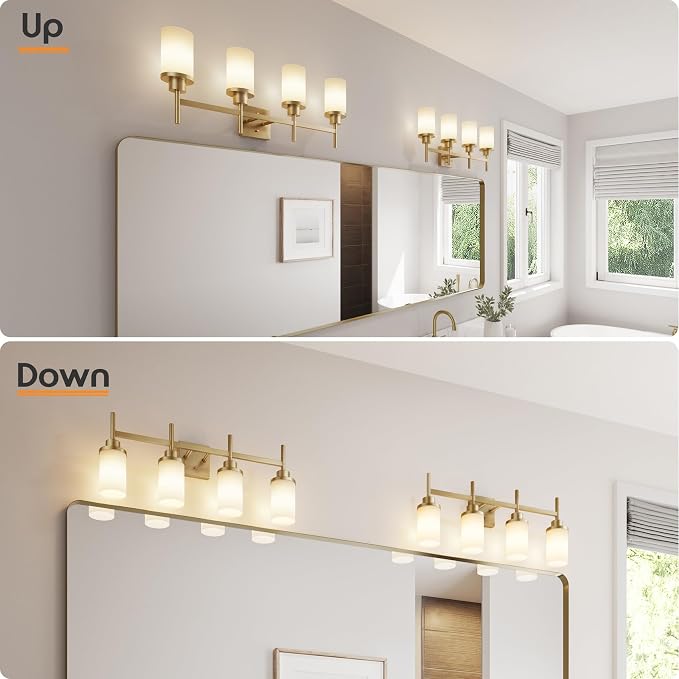 Wall Light Fixtures 4-Light Over Mirror, Gold Vanity Lights with White Frosted Glass Shade, Wall Sconces for Bathroom Washroom Kitchen T001GD-L4