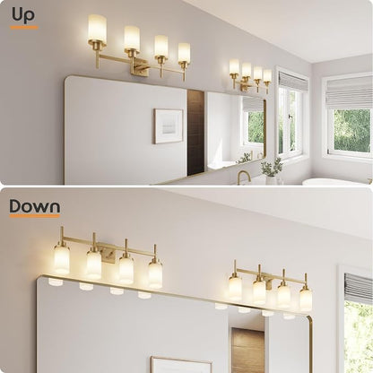 Wall Light Fixtures 4-Light Over Mirror, Gold Vanity Lights with White Frosted Glass Shade, Wall Sconces for Bathroom Washroom Kitchen T001GD-L4