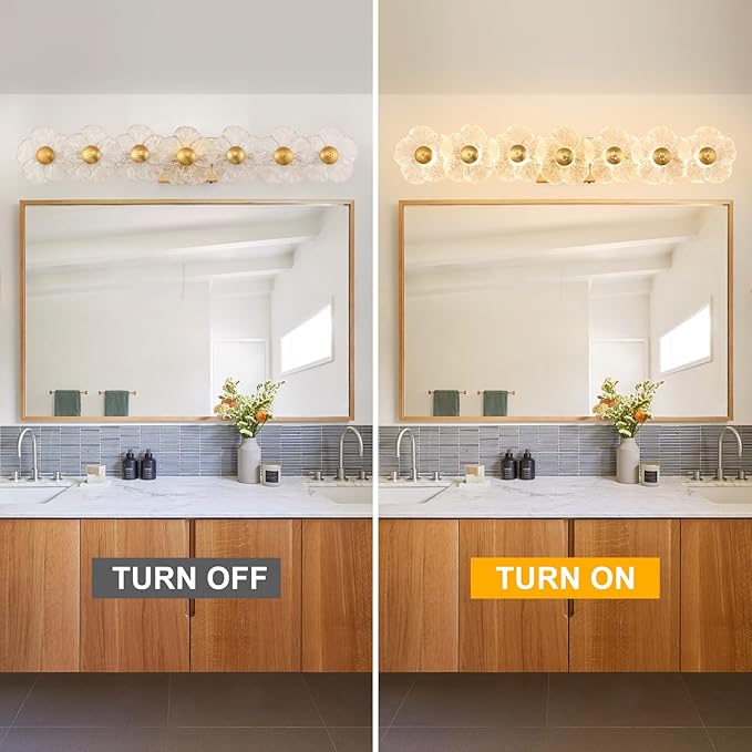 MantoLite Bathroom Light Fixtures Modern Vanity Light Over Mirror Adjustable 3000K-6000K Picture Lights Art Light with Floral Clear Glass Shades for Living Room Bedroom Wall Sconces (7 Light Gold)
