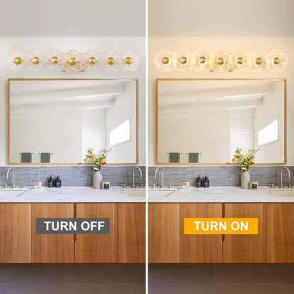 MantoLite Bathroom Light Fixtures Modern Vanity Light Over Mirror Adjustable 3000K-6000K Picture Lights Art Light with Floral Clear Glass Shades for Living Room Bedroom Wall Sconces (7 Light Gold)