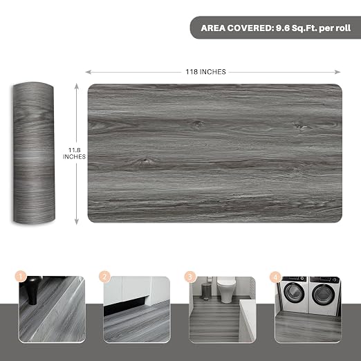 Woodgrain Vinyl Floor Roll, 11.8" x 118", Quick‑Apply Peel & Stick | Non‑slip texture, Good for renters and DIY users, Soft wood‑look finish, Works on many surfaces, Easy to cut, Waterproof