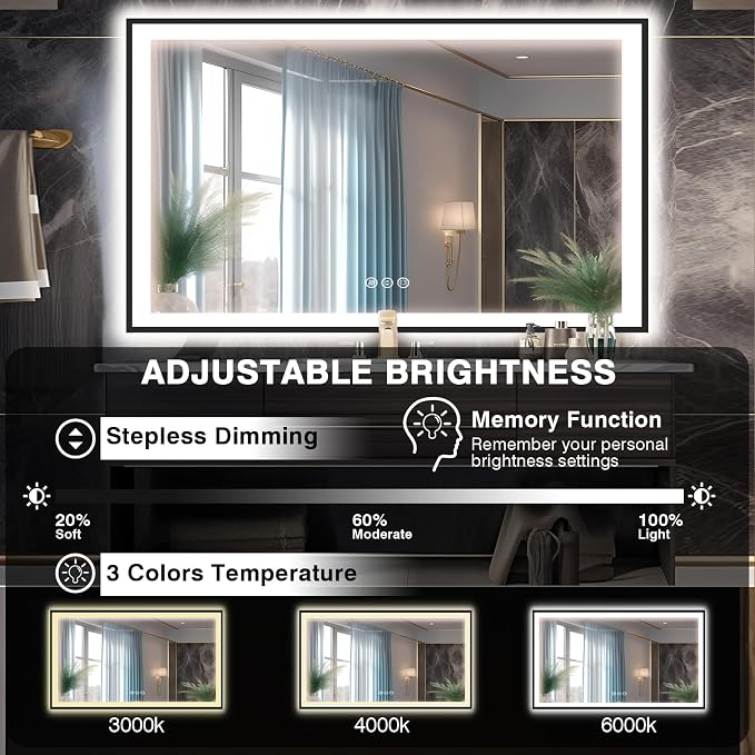 EchosLife 60x40 LED Mirror for Bathroom - Matte Black Framed | Black Frame, Front and Backlit, Anti-Fog, Stepless Dimmable, 3 Colors, Memory, Tempered Glass, UL Listed, Horizontal/Vertical