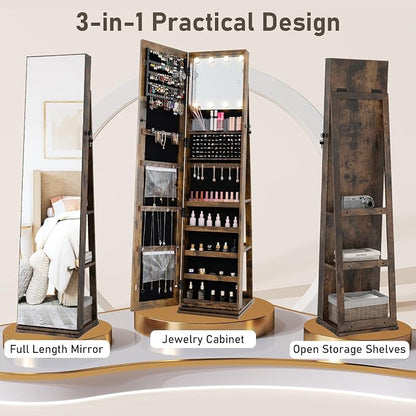 CHARMAID Swivel Jewelry Armoire with Full-Length Mirror & Lighted Makeup Mirror, 360° Rotating Jewelry Cabinet Organizer for Earrings, Rings, Necklaces, Bracelets, Back Storage Shelves (Rustic Brown)