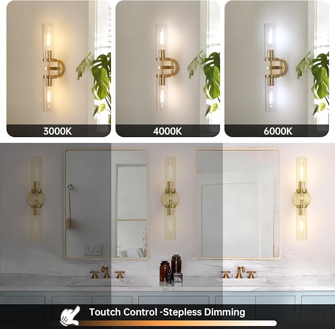 Shenmoyl Set of 2 Wall Sconces, 7800 mAh Battery Operated Wall Sconce with 3 Colors & Remote Control, Gold Rechargeable Wall Lamp with Clear Glass Shade for Bedroom, Bathroom, Living Room, Hallway