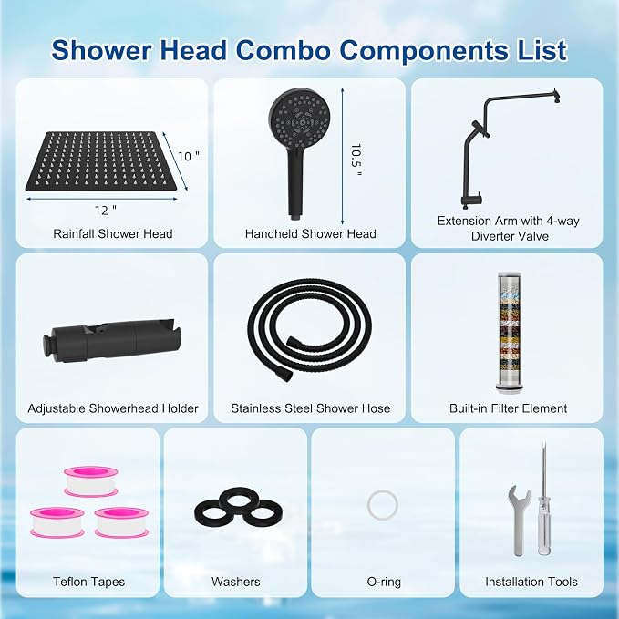 Metal 12" Rain Showerhead with 10-Spray Handheld, Easy Reach 4-way Diverter | Matte Black Finish, Upgraded High Pressure Shower Head with Pause Mode, 71" Stainless Steel Hose/12" Extension Arm