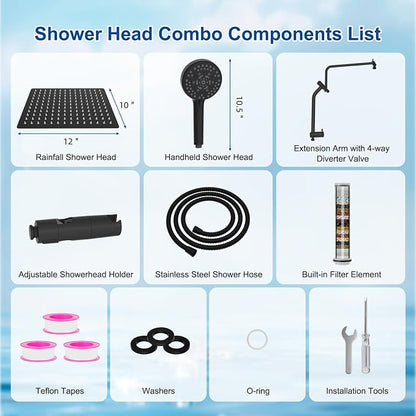 Metal 12" Rain Showerhead with 10-Spray Handheld, Easy Reach 4-way Diverter | Matte Black Finish, Upgraded High Pressure Shower Head with Pause Mode, 71" Stainless Steel Hose/12" Extension Arm