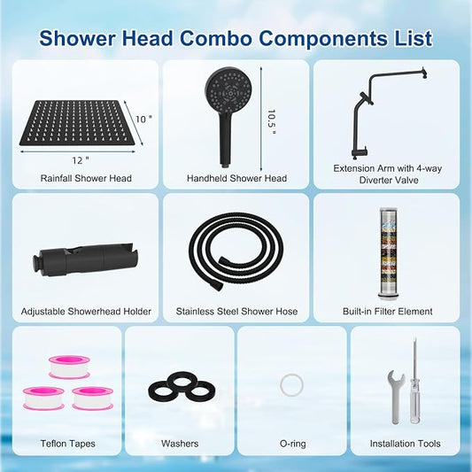 Metal 12" Rain Showerhead with 10-Spray Handheld, Easy Reach 4-way Diverter | Matte Black Finish, Upgraded High Pressure Shower Head with Pause Mode, 71" Stainless Steel Hose/12" Extension Arm