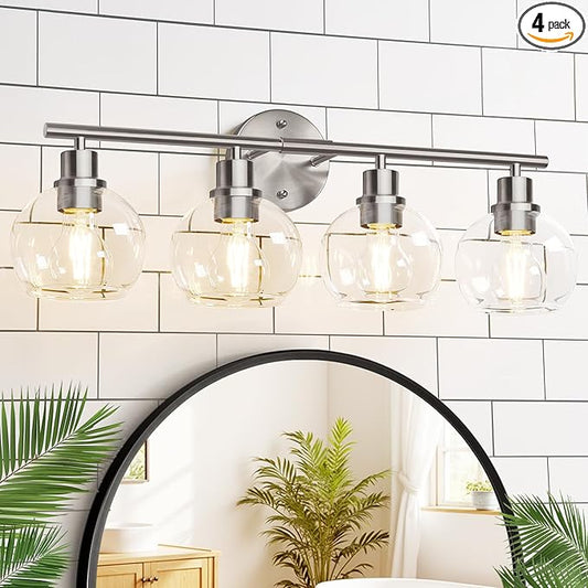 4-Light Bathroom Light Fixtures, Brushed Nickel Modern Vanity Lights Over Mirror with Clear Glass Globe Shade, Bathroom Wall Sconces for Mirror Kitchen Living Room Hallway Cabinet Bedroom Porch