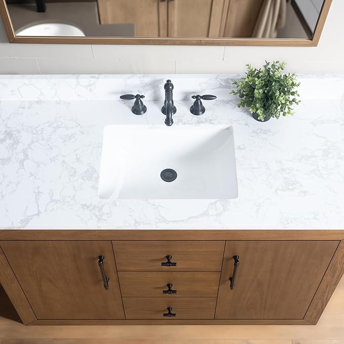 Vanity Art 48" Bathroom Vanity with Sink, Solid Poplar Wood Vanity Cabinet with Doors and Shelf, Modern Wood Bathroom Vanity with White Marble Top, 3 Functioning Drawers, VA70-48-T-E