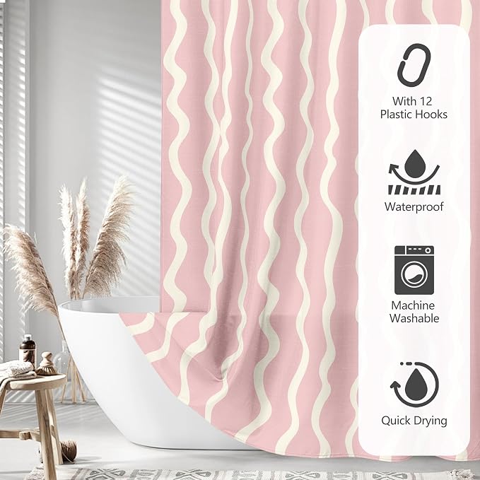 Tititex Cute Curvy Wavy Lines 140gsm Faux Linen Fabric Shower Curtain, Elegant Beige Pink Wave Striped Shower Curtain Sets Decoration 72x72 Inch with Hooks