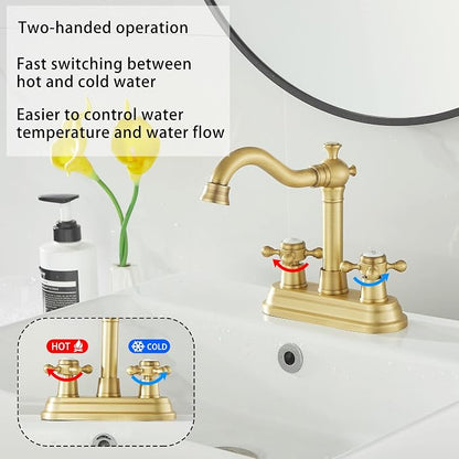 Bathroom Faucet Antique Brass 2 Handles 4 Inches Centerset Bathroom Vanity with Drain Assembly and Supply Hose Lavatory Faucet