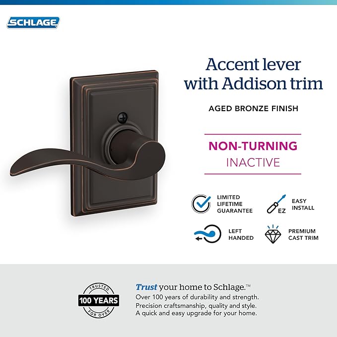 SCHLAGE Accent Lever with Addison Trim Non-Turning Lock in Aged Bronze - Left Handed - F170 ACC 716 ADD LH