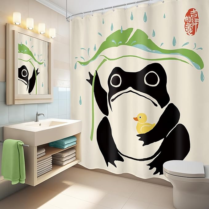 LGhtyro Funny Frog Shower Curtain Bathroom Set 71Wx84H Inches Asian Traditional Art Japanese Duck Extra Long Bath Accessories Cute Animal Taking Lotus Leaf Rain Art Home Decor Fabric 12 Pack Hooks