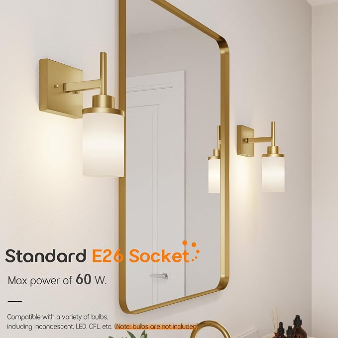 Vanity Lighting Fixtures with White Frosted Glass Gold Wall Lamp for Bathroom Mirror Bedroom, Living Room, Kitchen Cabinet, Washroom Porch T001GD-L1