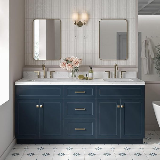 ARIEL Hamlet 72-inch Bathroom Vanity with Sink,Solid Wood, 1.5-inch Carrara White Quartz Countertop, Double Rectangular Porcelain Sink, 4 Soft Closing Doors, 3 Dovetail Drawers, Midnight Blue