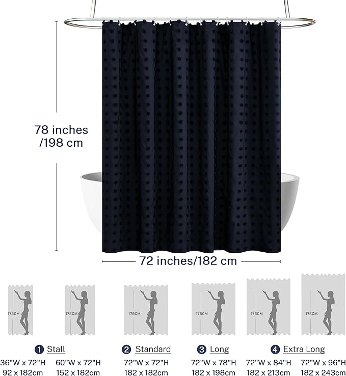 Extra Long Boho Shower Curtain Woven Fabric Navy Blue Shower Curtain, 72 x 78 Tufted Pleat Floral Puffs Textured Modern Minimalist Shower Curtain Set with Hooks for Bathroom