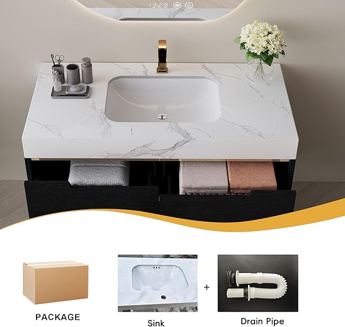 36" Bathroom Vanity with Undermount Sink Set, Modern Black 2-in-1 Wall Mounted & Freestanding Bathroom Vanity Cabinet with Sintered Stone top&4 Storage Drawers, Bathroom Single Sink Cabinet
