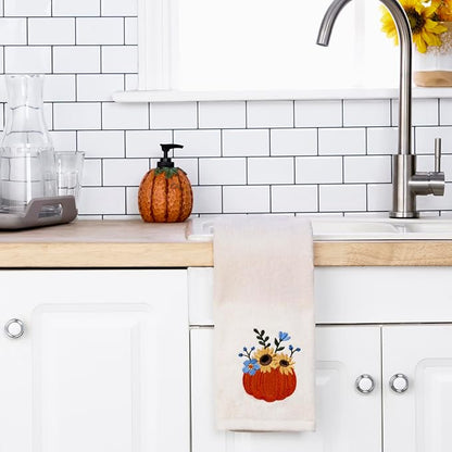 SKL Home Fall/Thanksgiving Pumpkin Bouquet Hand Towel Set-2pc, Natural | 100% Cotton. Soft, embroidered velour. For use in the bathroom, kitchen or bar & gifting.