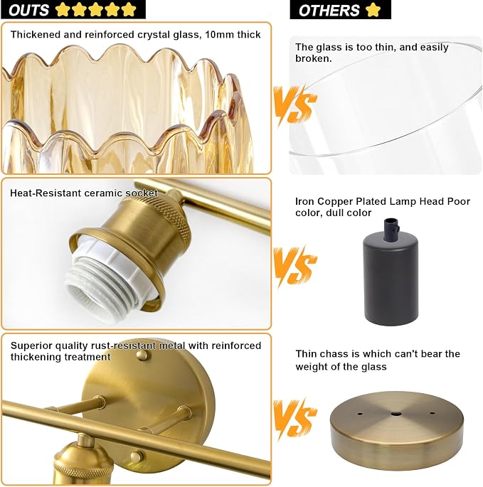 Bathroom Light Fixtures, 5-Light Brushed Gold Vanity Lights for Bathroom with Amber Tulip Glass Shade, 30" Vintage Bathroom Vanity Lighting Fixtures Over Mirror for Bedroom Living Room Hallway