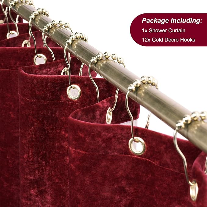 TAMGHO Crushed Velvet Shower Curtain, Marron Red, 72 x 72 | Luxury Crushed Velvet, Gold Decor Metal Hooks, Machine Washable, Thick Fabric