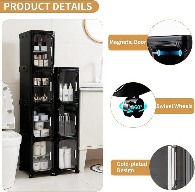 4-Tier Tall Narrow Slim Bathroom Storage Cabinet, Black | Tool Free Assembly, Adjustable Shelves, Fits for Narrow Spaces, Reinforced Stability, Magnetic Clear Door