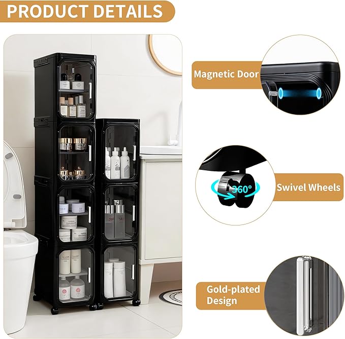 2-Tier Slim Narrow Storage Cabinet with Adjustable Shelves and Movable Wheels, Anti-Tip, Bathroom Storage and Organizers for Small Space, Bathroom, Kitchen, Laundry, Black
