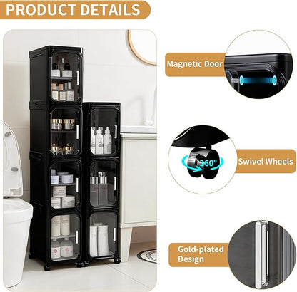 2-Tier Slim Narrow Storage Cabinet with Adjustable Shelves and Movable Wheels, Anti-Tip, Bathroom Storage and Organizers for Small Space, Bathroom, Kitchen, Laundry, Black
