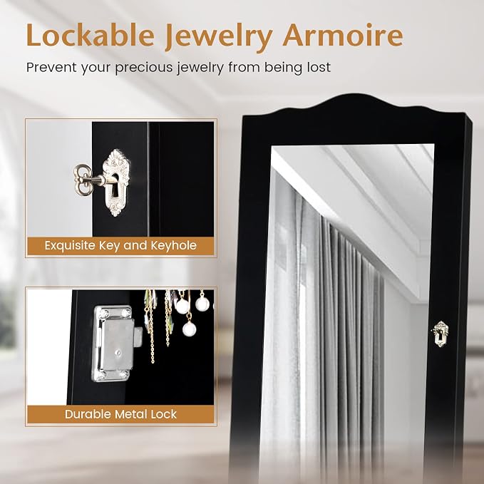 NAFORT Jewelry Armoire, Mirror with Jewelry Storage, Jewelry Organizer, Standing Lockable Jewelry Cabinet with Full Length Mirror, Jewelry Organizer with 2 Drawers, Black