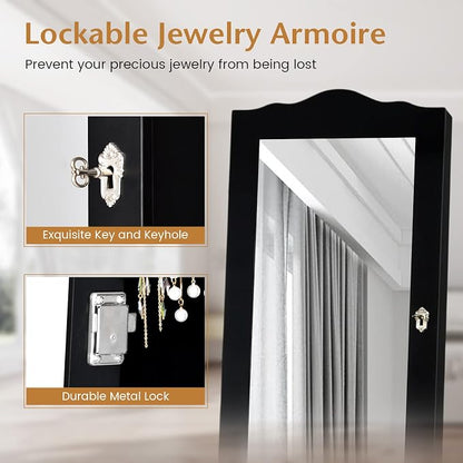 NAFORT Jewelry Armoire, Mirror with Jewelry Storage, Jewelry Organizer, Standing Lockable Jewelry Cabinet with Full Length Mirror, Jewelry Organizer with 2 Drawers, Black