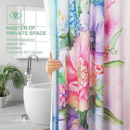 Floral Shower Curtain, Watercolor Flowers Shower Curtain Summer Blooming Flowers Painting Shower Curtain Sets Waterproof Polyester Fabric Machine Washable Home Farmhouse Decor Bath Curtain