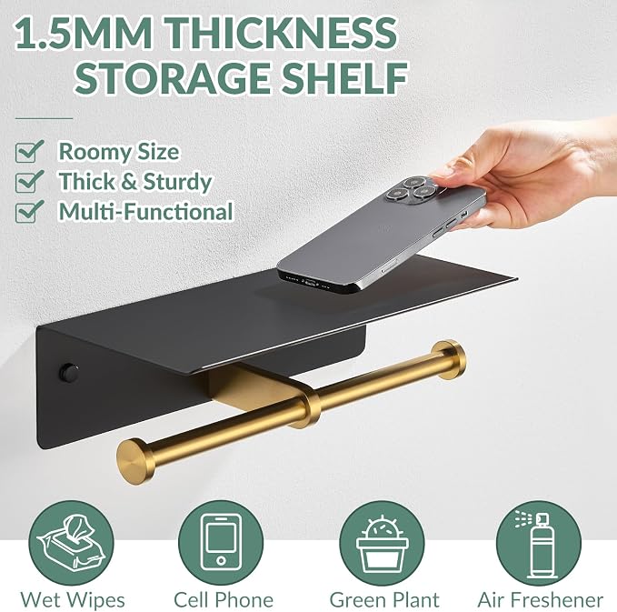 Double Toilet Paper Holder with Shelf, Black & Gold, Wall Mounted | 304 Stainless Steel, Rustproof for Bathroom, Restroom, Powder Room, Kitchen, 2-in-1 Functional 2 Paper Rolls & Phone Storage