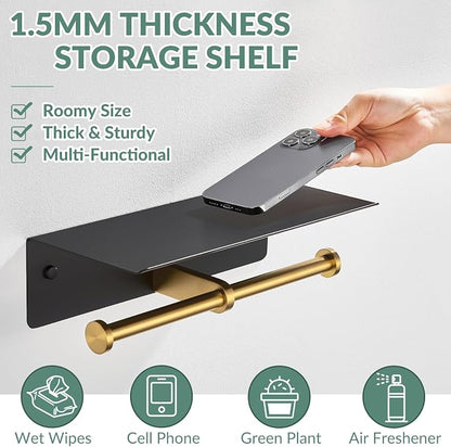 Double Toilet Paper Holder with Shelf, Black & Gold, Wall Mounted | 304 Stainless Steel, Rustproof for Bathroom, Restroom, Powder Room, Kitchen, 2-in-1 Functional 2 Paper Rolls & Phone Storage
