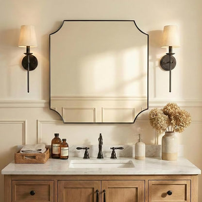 30"x30" Square Bathroom Mirror, Matte Black Vanity Mirror, Modern Scalloped Bathroom Mirror in Premium Stainless Steel Frame, Unique Scalloped Corner Design Ideal for Bathroom Remodel