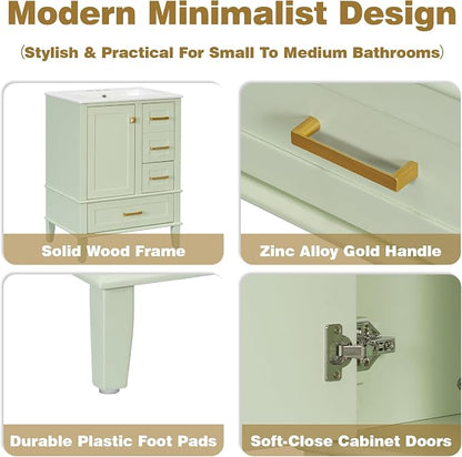 24.8" Bathroom Vanity with Ceramic Sink, Freestanding Bathroom Cabinet with Soft-Close Door, 3 Drawers & Spacious Storage, Solid Wood Frame and MDF, Modern Green Vanity for Small Bathrooms