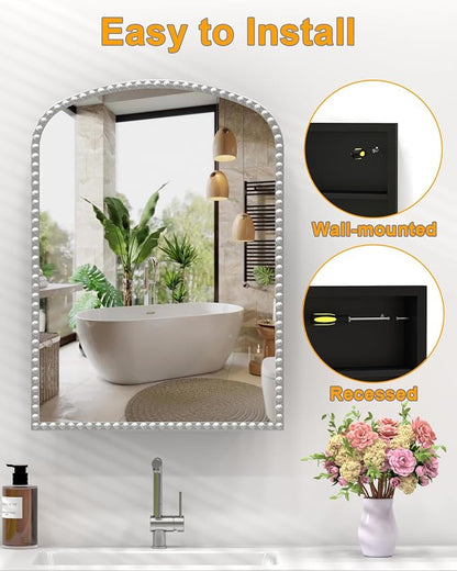 Daisy Beaded Arched Medicine Cabinet with Mirror, Wall Mounted or Recessed 20x28 Inch Bathroom Vanity Mirror with Storage Full-Metal Cabinets, 2 Adjustable Shelves and 1 Organizer Bling Silver