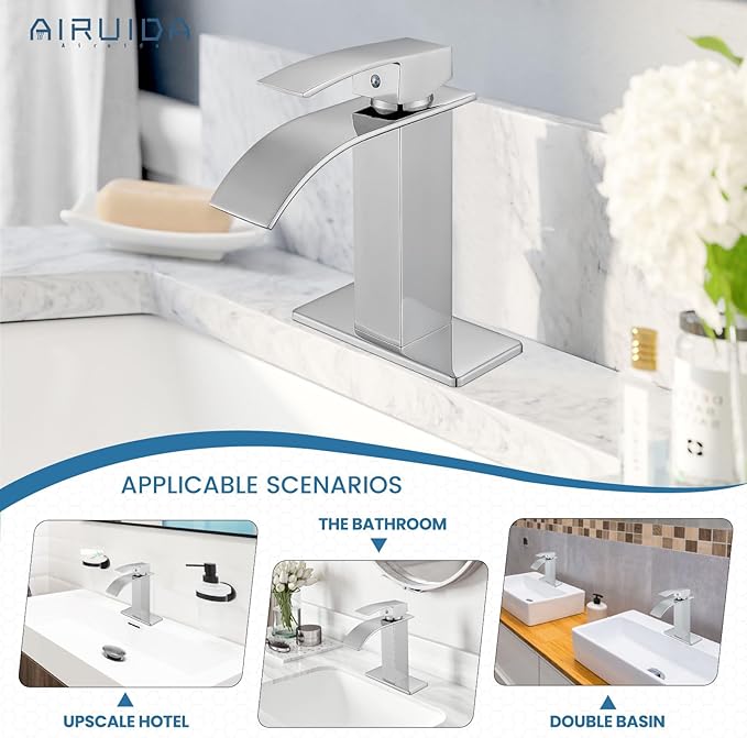 Airuida Chrome Polish Waterfall Spout Bathroom Faucet Single Handle Single Hole Bathroom Sink Faucet 1 or 3 Holes Rv Lavatory Vanity Faucet Basin Mixer Tap with Deck Plate and Supply Lines