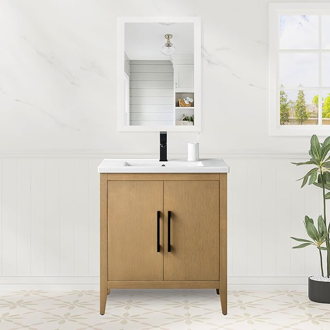 HomeBeyond 30 Inch Bathroom Vanity with Sink & Ceramic Top, Single Vanity Cabinet with Basin, Soft-Closing Doors & Matte Black Hardware, Natural Oak