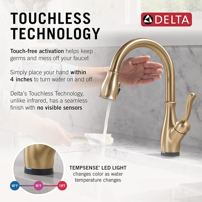Delta Leland Touchless Kitchen Faucet with Touch Technology, Brushed Gold Kitchen Sink Faucet with Pull Down Sprayer, Single Hole, Champagne Bronze 9178TL-CZ-DST